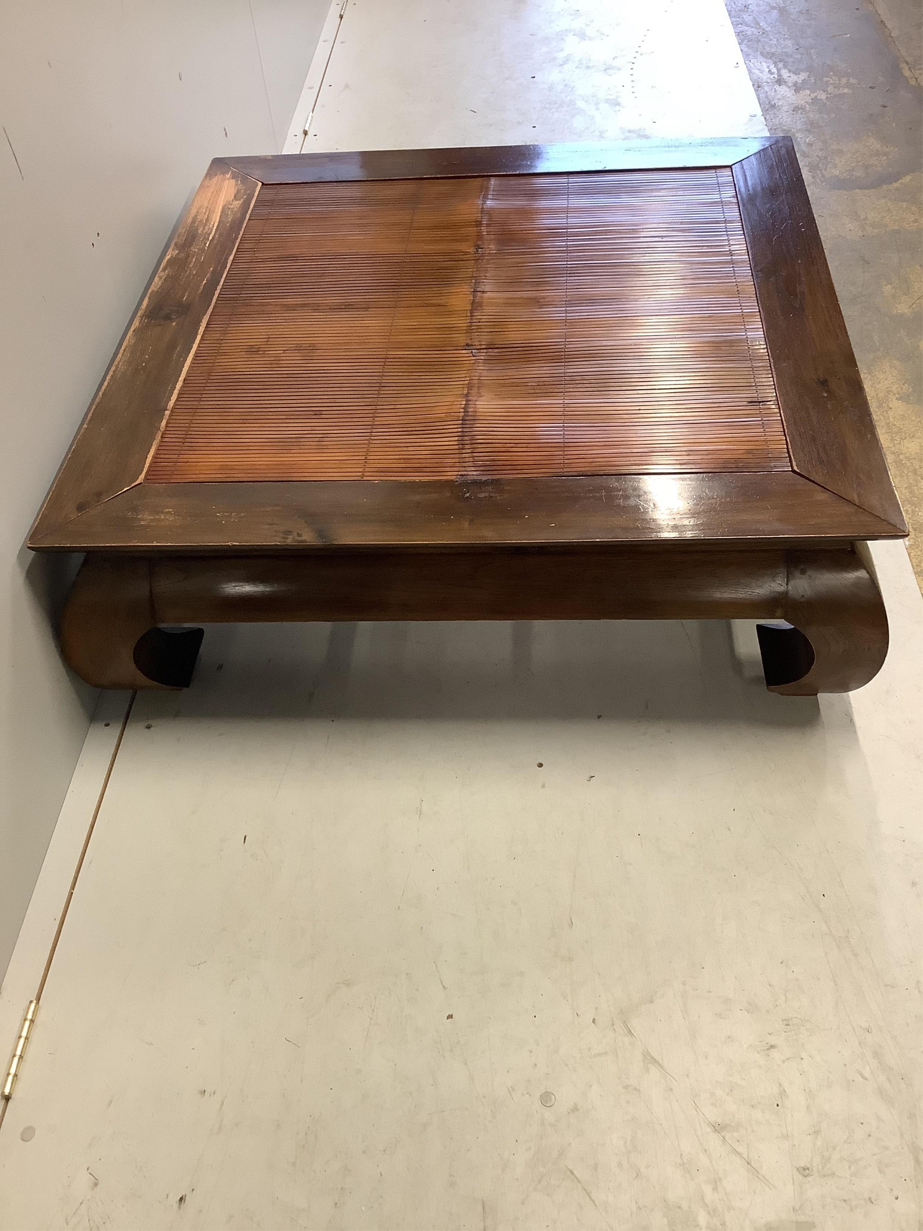 A Chinese hardwood and bamboo square coffee table, 105cm, height 34cm. Condition - fair